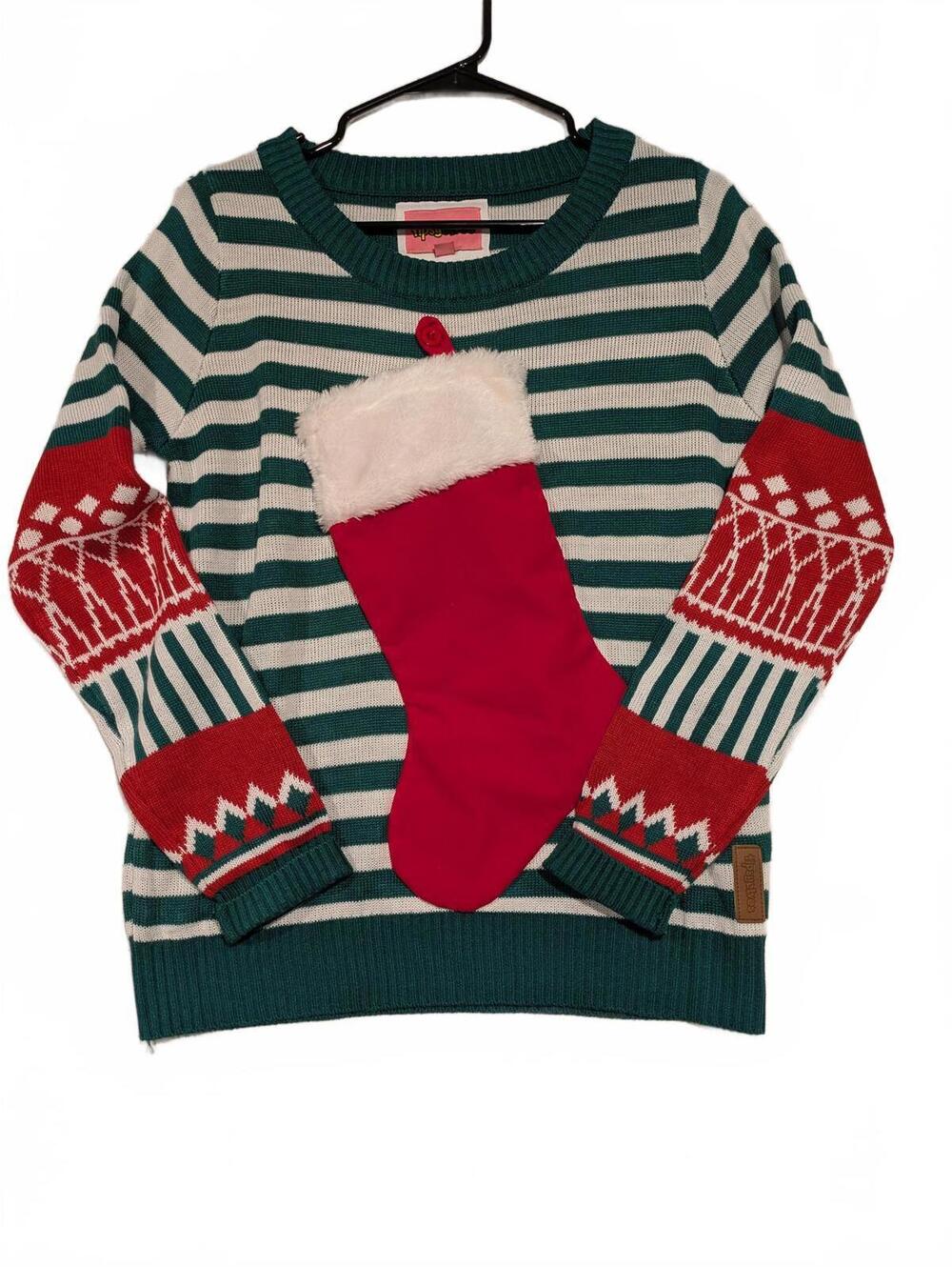 Tipsy Elves Festive Striped Christmas Sweater with Stocking Attached Womens Med